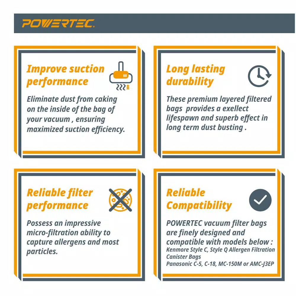 Coupon ๐ POWERTEC HEPA Cloth Vacuum Bag Replacement For Kenmore Q And C Style Vacuums, And Panasonic Type C-5 (6-Pack) ๐คฉ 5 Coupon ๐ POWERTEC HEPA Cloth Vacuum Bag Replacement For Kenmore Q And C Style Vacuums, And Panasonic Type C-5 (6-Pack) ๐คฉ - Image 3