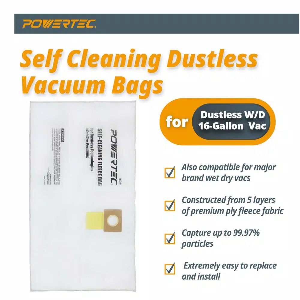 Best deal 😉 POWERTEC Self-Cleaning Fleece Bag Replacement For Dustless Technologies Wet Dry Vacuums (3-Pack) ✨ 4 Best deal 😉 POWERTEC Self-Cleaning Fleece Bag Replacement For Dustless Technologies Wet Dry Vacuums (3-Pack) ✨ - Image 2