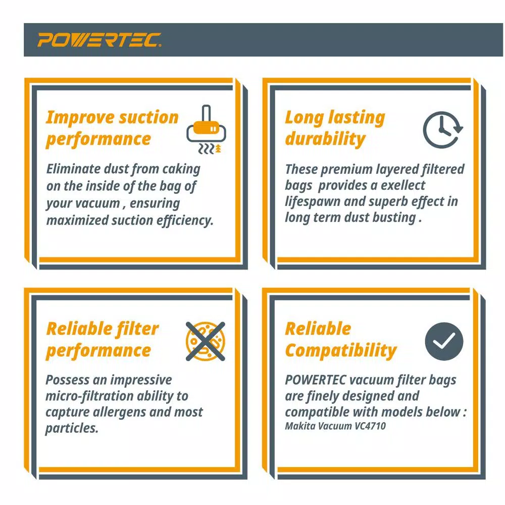 Hot Sale 🔔 POWERTEC Self-Cleaning Fleece Bag Replacement For Makita VC4710 Wet/Dry Vacuum (5-Pack) 👏 5 Hot Sale 🔔 POWERTEC Self-Cleaning Fleece Bag Replacement For Makita VC4710 Wet/Dry Vacuum (5-Pack) 👏 - Image 3