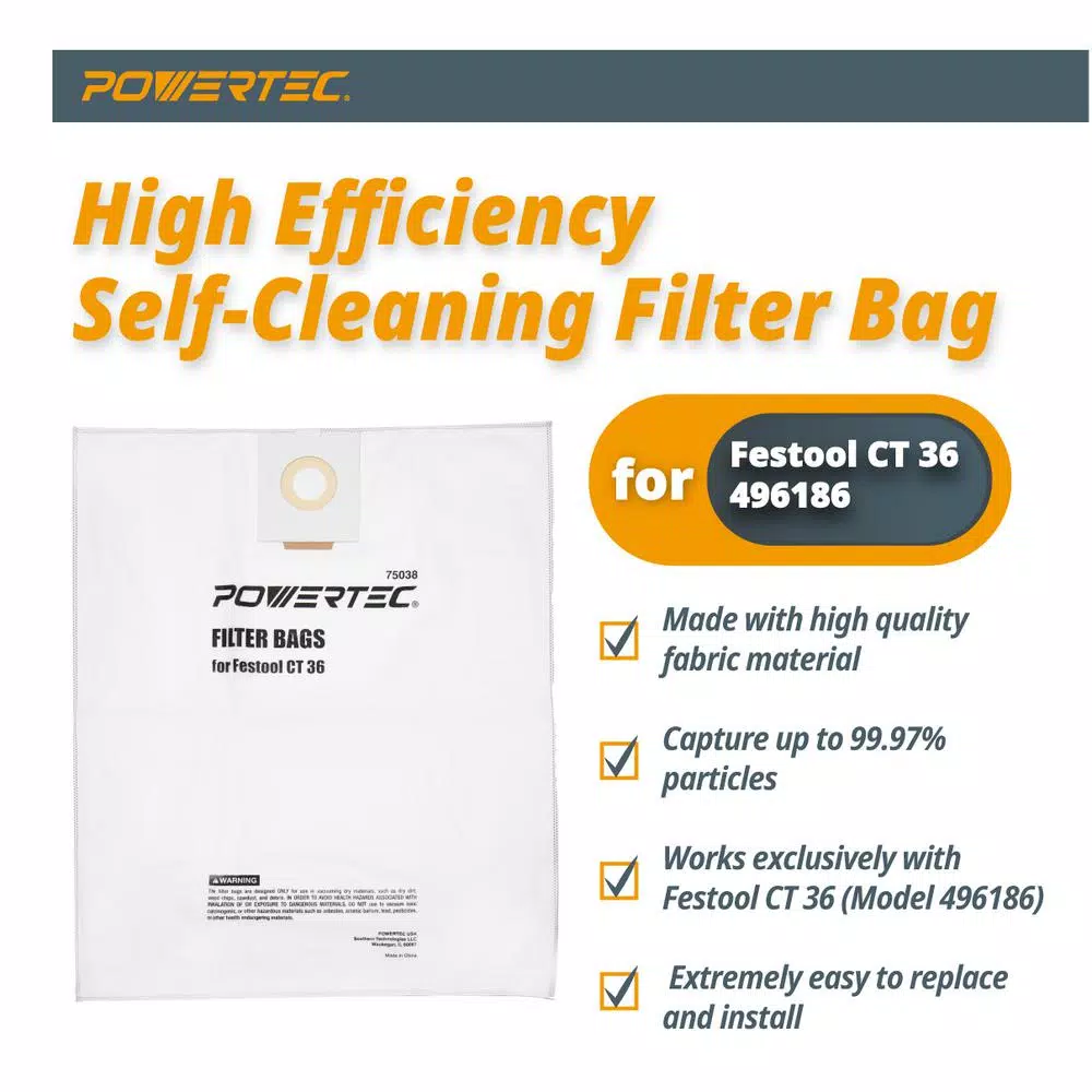 Buy π― POWERTEC Self-Cleaning Filter Replacement Bag For Festool CT 36 (5-Pack) β¨ 4 Buy π― POWERTEC Self-Cleaning Filter Replacement Bag For Festool CT 36 (5-Pack) β¨ - Image 2