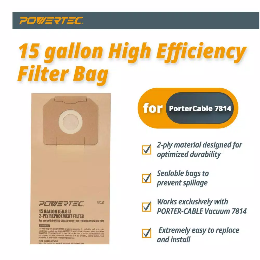 Hot Sale 💯 POWERTEC 15 Gal. High Efficiency Filter Bags For PORTER-CABLE 7814 Power Tool Triggered Vacuum (3-Pack) 💯 4 Hot Sale 💯 POWERTEC 15 Gal. High Efficiency Filter Bags For PORTER-CABLE 7814 Power Tool Triggered Vacuum (3-Pack) 💯 - Image 2