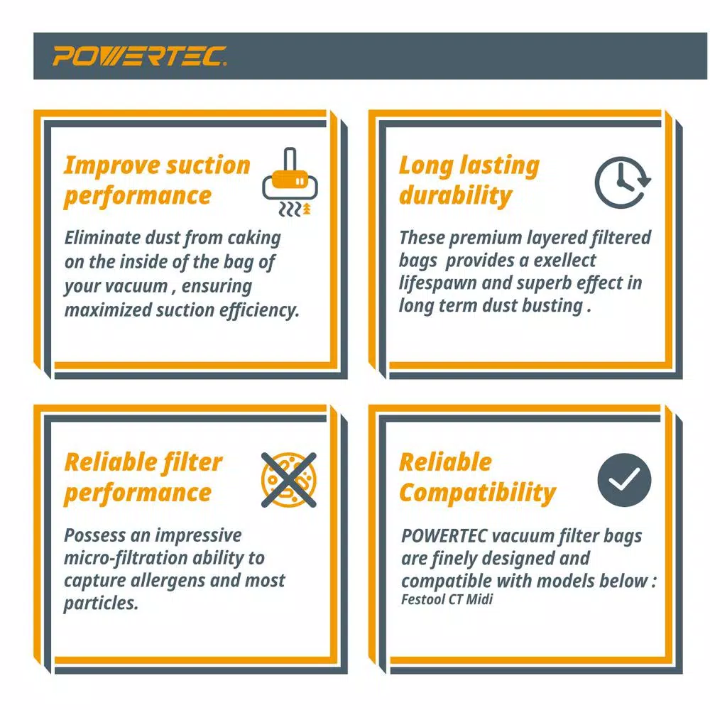 Best deal ๐ POWERTEC Self Cleaning Replacement Filter Bags For Festool CT Midi Flexible Fleece Filter Bag For Festool 498411 (5-Pack) โญ 5 Best deal ๐ POWERTEC Self Cleaning Replacement Filter Bags For Festool CT Midi Flexible Fleece Filter Bag For Festool 498411 (5-Pack) โญ - Image 3